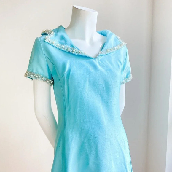 Vintage Light Blue 50s 60s Beaded Detail Short Sleeve Mini Dress S - Picture 3 of 11
